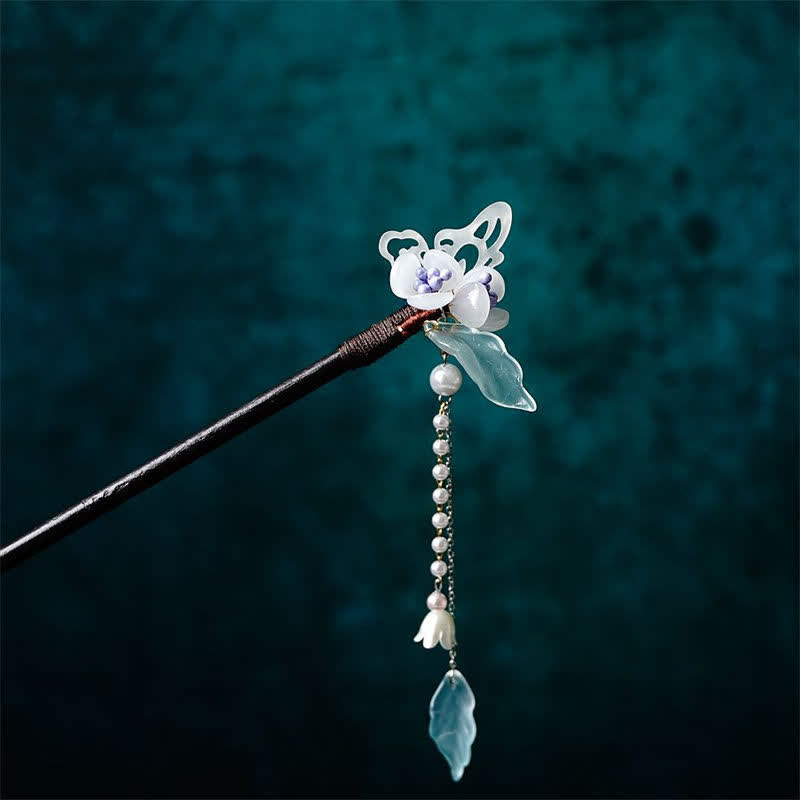 Mythstone Pearl Flower Leaf Butterfly Happiness Hairpin