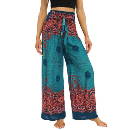 Mythstone Bohemian Compass Flower Print Lace-up Wide Leg Pants Women's Yoga Pants