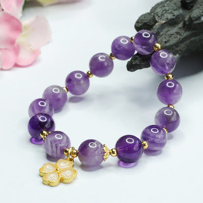 Mythstone Natural Amethyst Crystal Inner Peace Four Leaf Clover Charm Bracelet