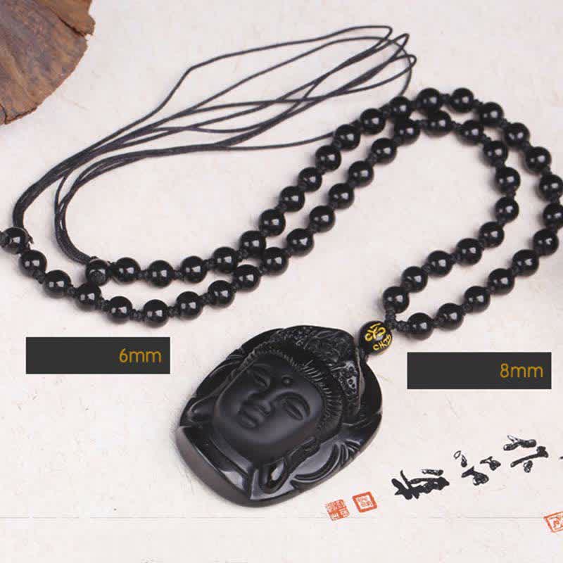 Collar con colgante de hilo de fuerza Avalokitesvara Kwan Yin de obsidiana negra natural Mythstone