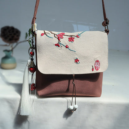 Mythstone Handmade Embroidered Plum Flowers Canvas Crossbody Bag Shoulder Bag Handbag