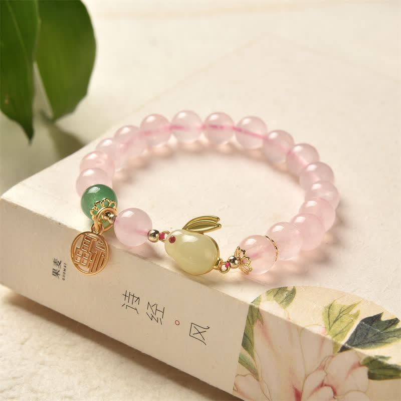 Pulsera de conejito de amor y felicidad con ágata verde y cristal rosa natural del año del conejo