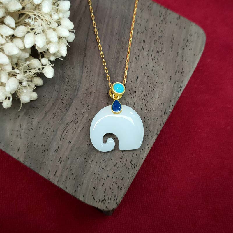 Mythstone White Jade Elephant Luck Fortune Necklace Pendant