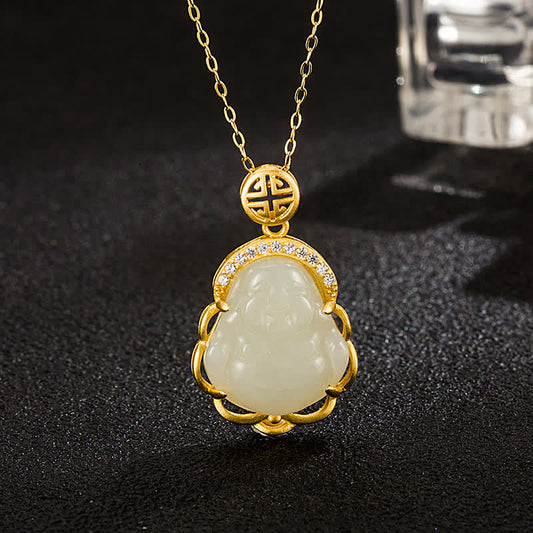 Mythstone 925 Sterling Silver Laughing Buddha Hetian White Jade Protection Necklace Pendant