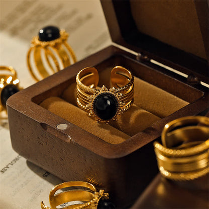 Mythstone 18K Gold Plated Black Obsidian Titanium Steel Strength Ring