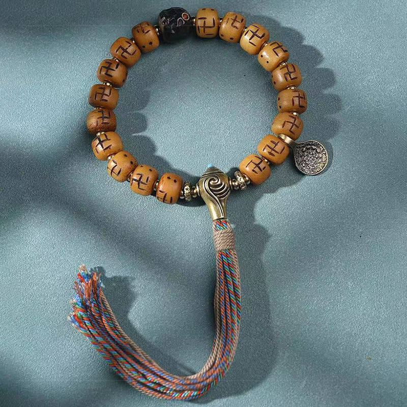 Mythstone Natural Tibetan Camel Bone Swastika Dzi Bead Shankha Buddha Charm Kirtimukha Luck Protection Tassel Bracelet