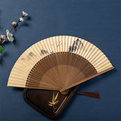 Mythstone Lotus Dragonfly Wild Geese Plum Blossom Handheld Silk Bamboo Folding Fan 22.5cm