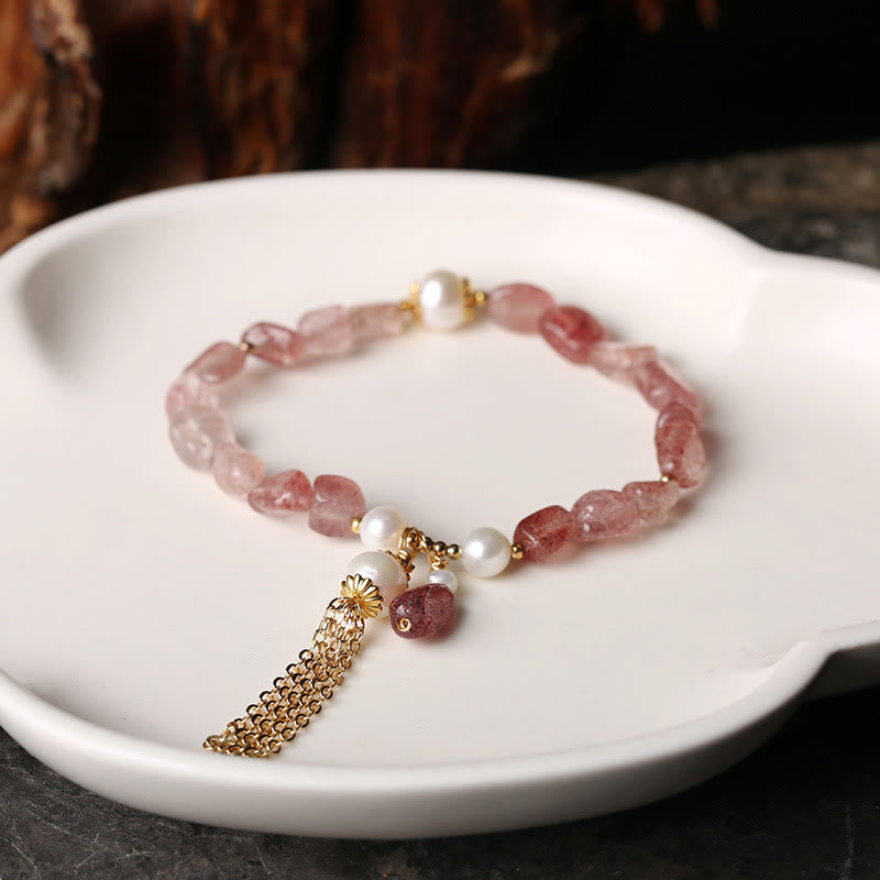 Mythstone Natural Strawberry Quartz Pearl 14k Gold Plated Love Healing Bracelet