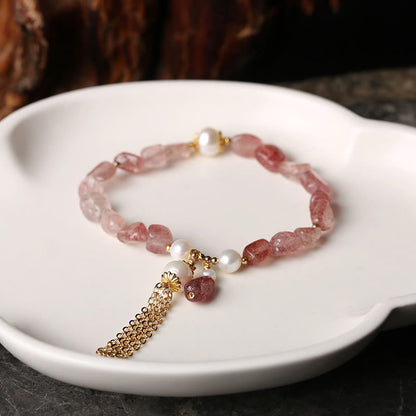 Mythstone Natural Strawberry Quartz Pearl 14k Gold Plated Love Healing Bracelet