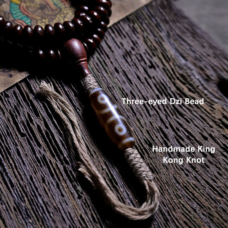 Pulsera de armonía Dorje de cobre con cuentas Dzi de tres ojos y semilla de Bodhi morada de Mythstone Natural Tibet de 108 cuentas Mala