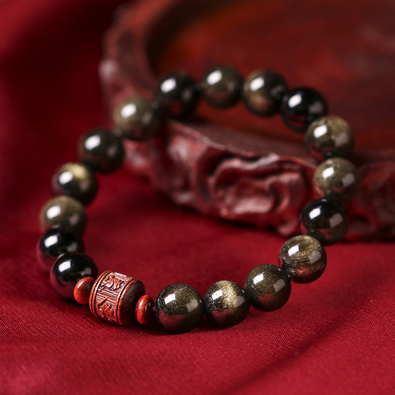 Pulsera curativa con personaje Om Mani Padme Hum Fu y obsidiana arcoíris con brillo dorado natural de Mythstone 