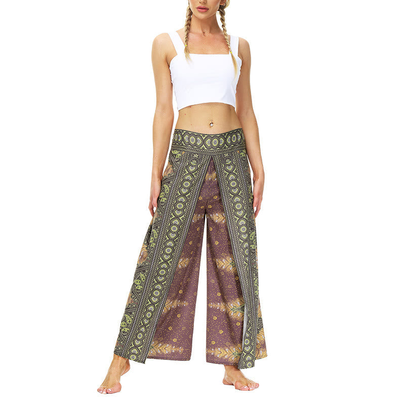 Mythstone Boho Geometric Feather Split Thigh Wide Leg Pants Sports Fitness Dance Women's Yoga Pants