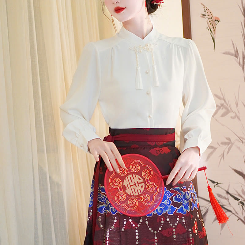 Mythstone Long Sleeve Shirt Top Chinese Hanfu Crane Blue Auspicious Clouds Horse Face Skirt Mamianqun