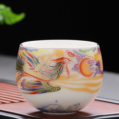 Mythstone Dragon Phoenix Auspicious Clouds Sun Ocean Waves Ceramic Teacup Kung Fu Tea Cup