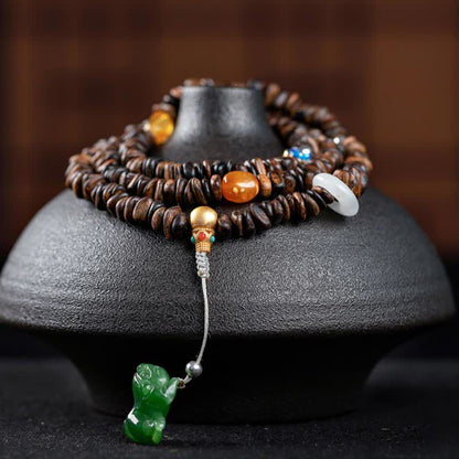 Mythstone 108 Mala Beads 925 Sterling Silver Brunei Agarwood Red Agate PiXiu Hetian Jade Peace Strength Bracelet