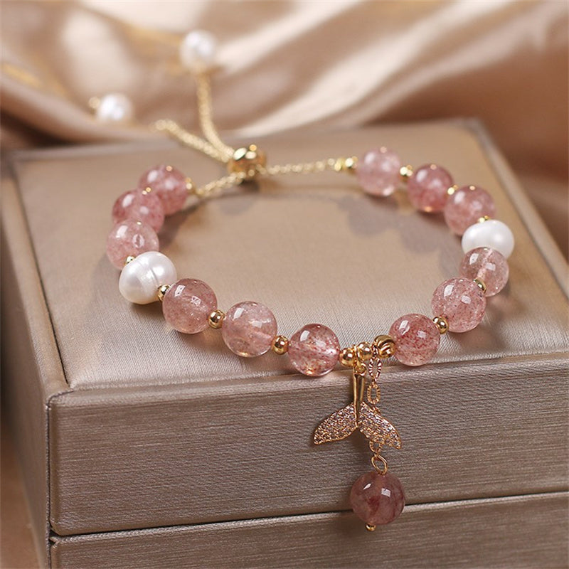 Mythstone Strawberry Quartz Rutilated Quartz Fishtail Charm Healing Bracelet