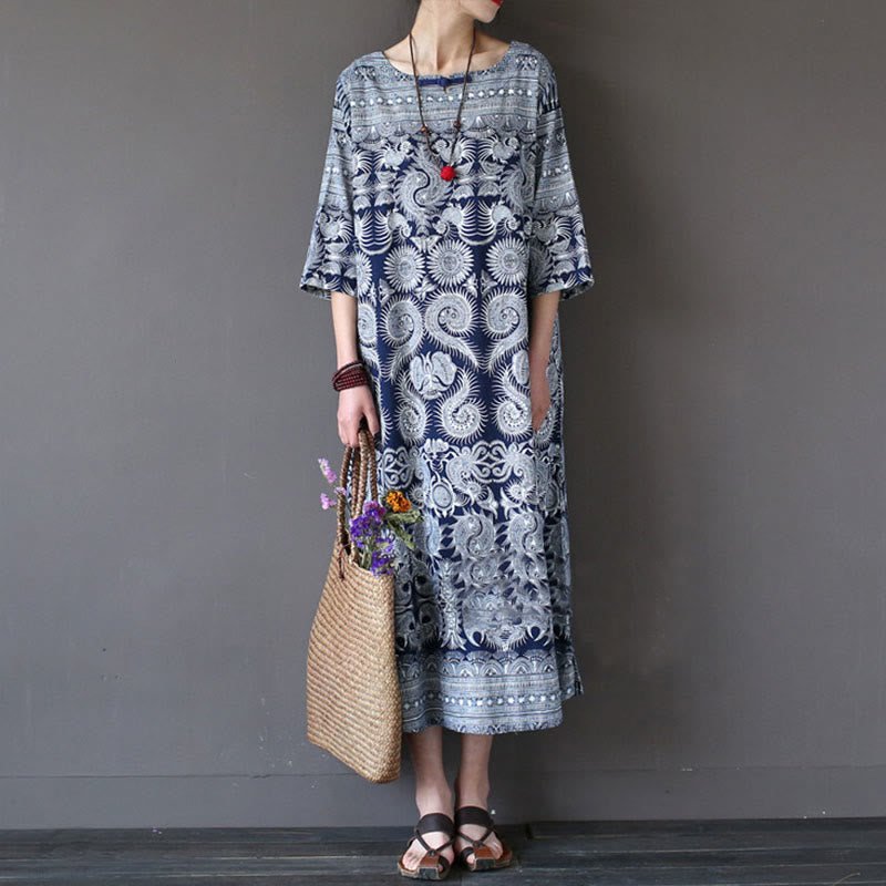 Mythstone Blue White Flower Printed Button Midi Dress Three Quarter Sleeve Cotton Linen Dress With Pockets