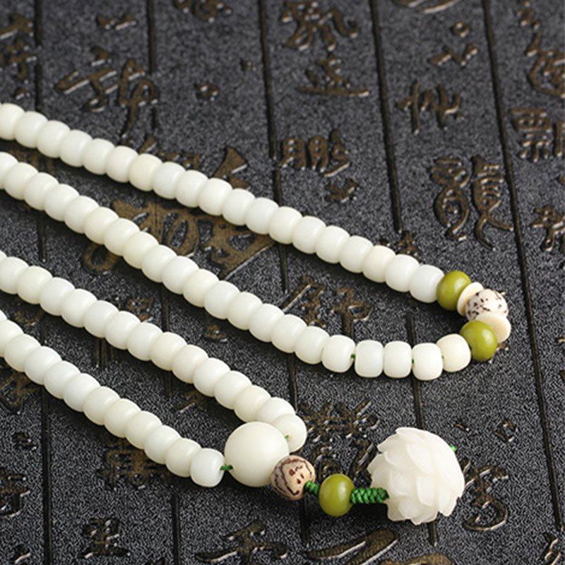 Mythstone White Jade Bodhi Lotus Mala Harmony Necklace Bracelet