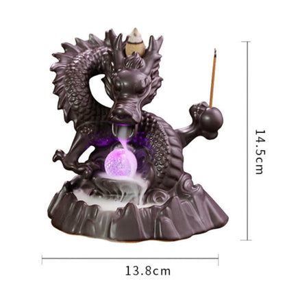 Mythstone Auspicious Dragon Ceramic Backflow Smoke Fountain Meditation Healing Incense Burner Led Ball Decoration