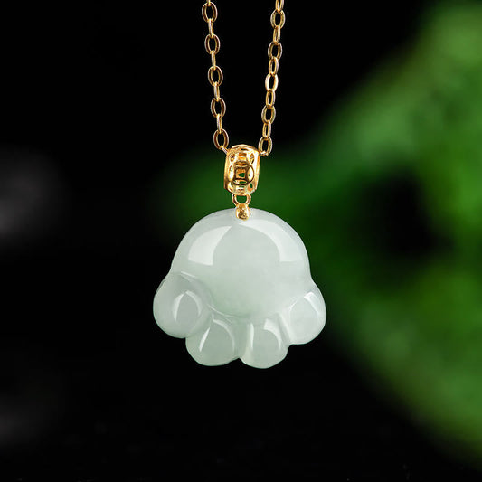 Mythstone 925 Sterling Silver 18K Gold Plated Natural Jade Cat Paw Pattern Luck Necklace Pendant