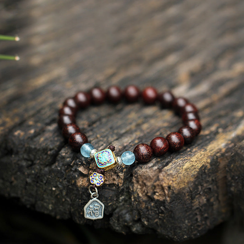 Mythstone 925 Sterling Silver Indian Small Leaf Red Sandalwood Aquamarine Full of Gold Star Chinese Knotting Blessing Bracelet