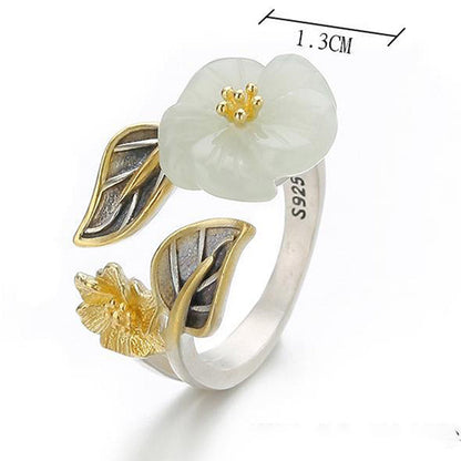 Mythstone 925 Silver Plated Copper White Jade Plum Flower Leaf Luck Ring