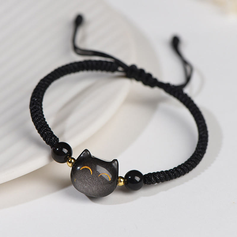 Pulsera trenzada con protección de gato linda y obsidiana con brillo de plata natural hecha a mano de Mythstone