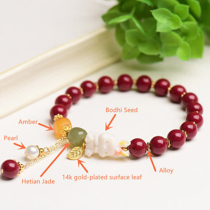 Mythstone Year of the Rabbit Cinnabar Hetian Jade Bunny Beaded Blessing Bracelet