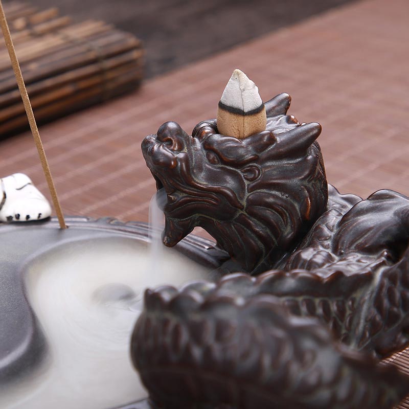 Mythstone Tiger Dragon Backflow Smoke Fountain Ceramic Yin Yang Blessing Incense Burner Decoration