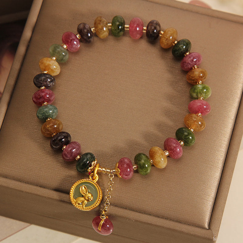 Mythstone Natural Colorful Tourmaline Cute Rabbit Charm Positive Bracelet