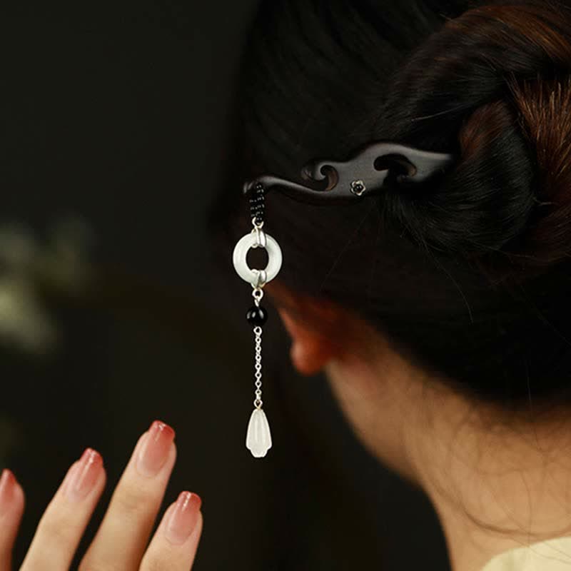 Mythstone 925 Sterling Silver Hetian White Jade Ebony Wood Protection Hairpin