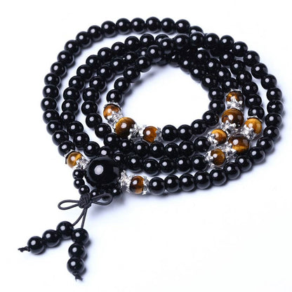 MythStone 108 Beads Natural Black Obsidian Tiger Eye Mala Bracelet