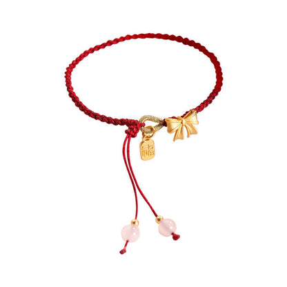 Mythstone Handmade Peach Blossom Rosette Bow Knot Fu Character Charm Luck Fortune Red Rope Bracelet