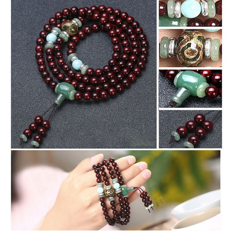 Mythstone 108 Beads Small Leaf Red Sandalwood Green Aventurine Amazonite Luck Healing Bracelet Mala