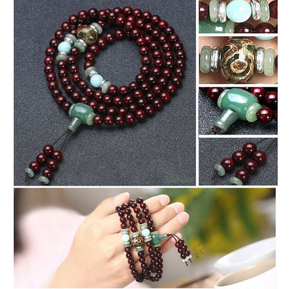 Mythstone 108 Beads Small Leaf Red Sandalwood Green Aventurine Amazonite Luck Healing Bracelet Mala