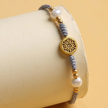 Pulsera trenzada con cuerda azul y perla de la suerte y árbol de la fortuna con monedas de cobre de Mythstone 