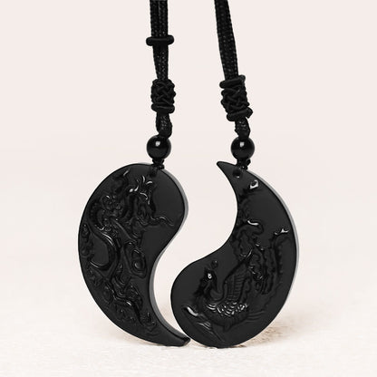 Mythstone Black Obsidian Yin Yang Dragon Phoenix Luck Necklace Pendant