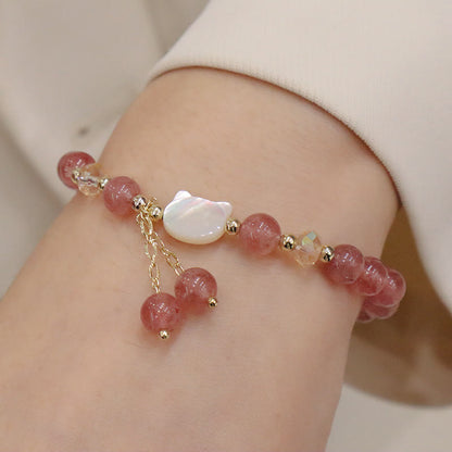 Mythstone Natural Strawberry Quartz Morganite Tridacna Stone Cat Love Bracelet