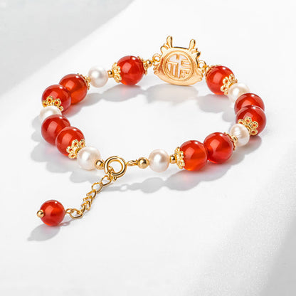 Mythstone 14K Gold Plated Year Of The Dragon Natural Red Agate Pearl Protection Fu Character Chain Bracelet