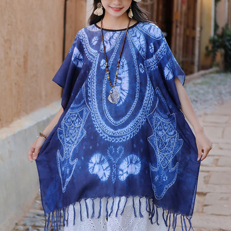 Mythstone Blue Geometry Batik Shawl Tassels Cozy Travel Pullover 90*95cm