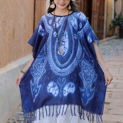 Mythstone Blue Geometry Batik Shawl Tassels Cozy Travel Pullover 90*95cm