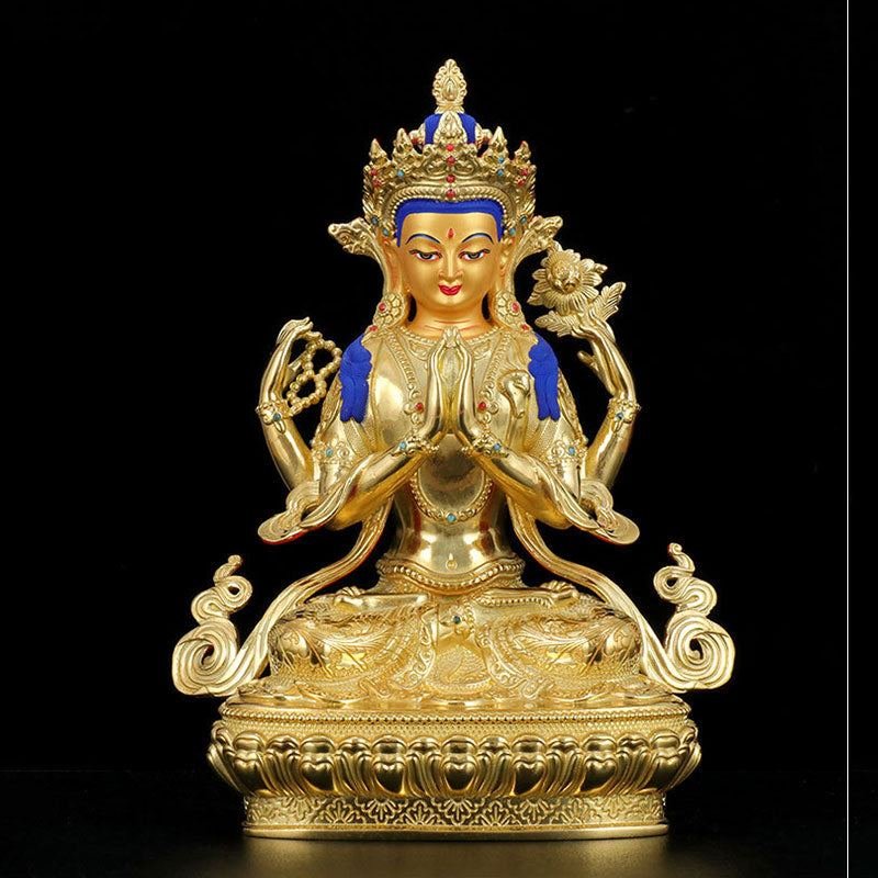 Mythstone Chenrezig Four-armed Avalokitesvara Protection Copper Gold Plated Statue Decoration