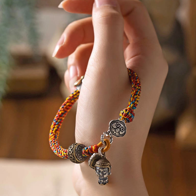 Mythstone Handmade Tibetan 925 Sterling Silver Chinese Zodiac Natal Buddha Zakiram Goddess of Wealth Protection Multicolored Rope Braided Bracelet