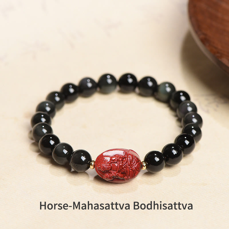 Mythstone Chinese Zodiac Natal Buddha Natural Black Obsidian Cinnabar Purification Bracelet