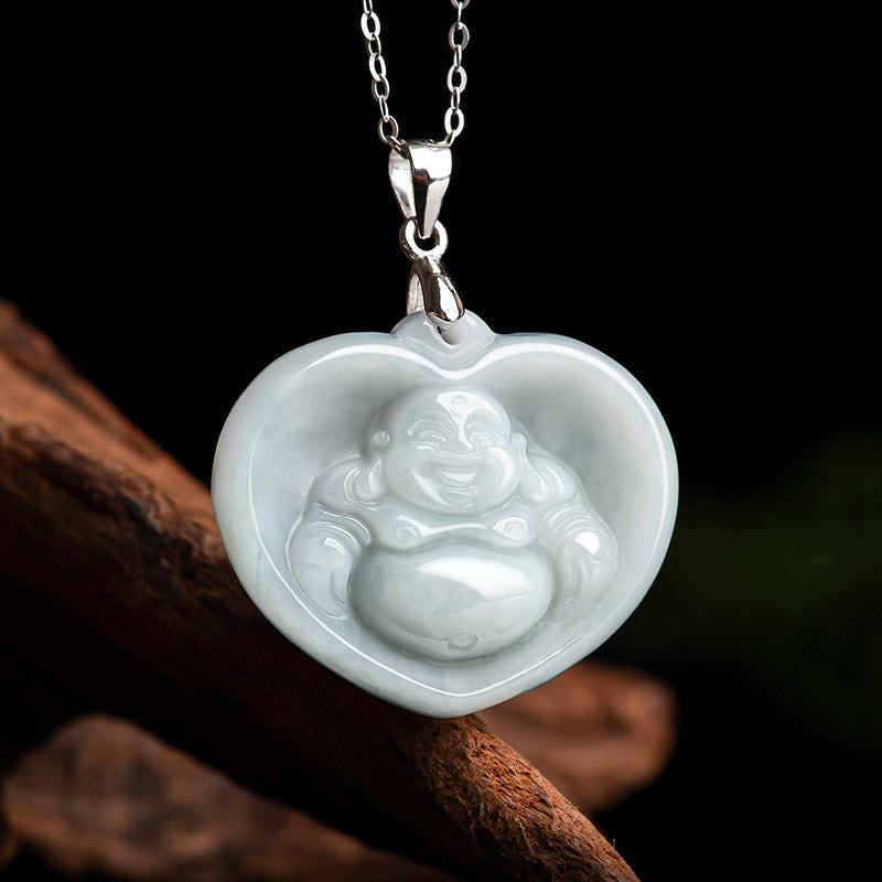 Mythstone 925 Sterling Silver Laughing Buddha White Jade Luck Blessing Necklace Pendant