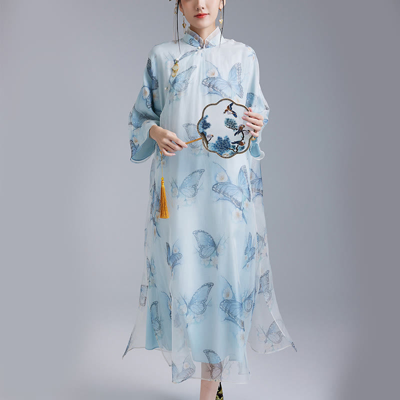 Mythstones 100% Mulberry Silk Organza Blue Butterfly Print Qipao Cheongsam Dress