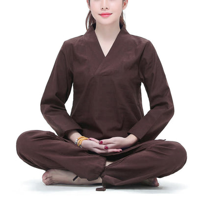 Conjunto de ropa de lino y algodón para mujer con escote en V y diseño de meditación y oración de yoga Zen de Mythstone