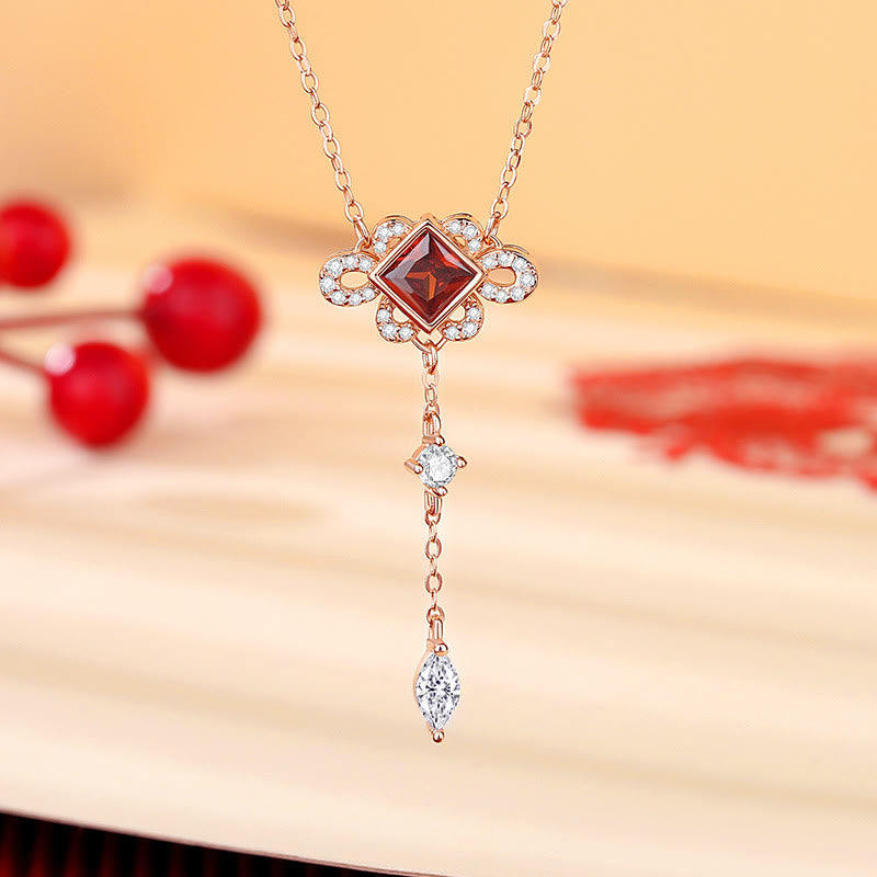 Mythstone 925 Sterling Silver Chinese Knotting Red Zircon Wealth Necklace Pendant Bracelet Earrings Set