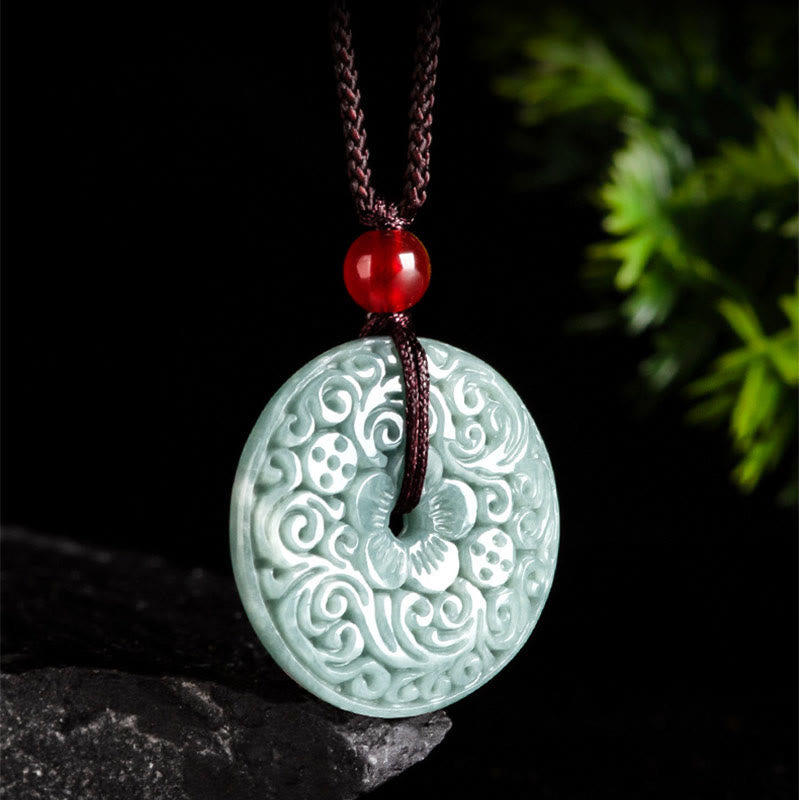 Mythstone Green Jade Flower Carved Peace Buckle Abundance Necklace Pendant