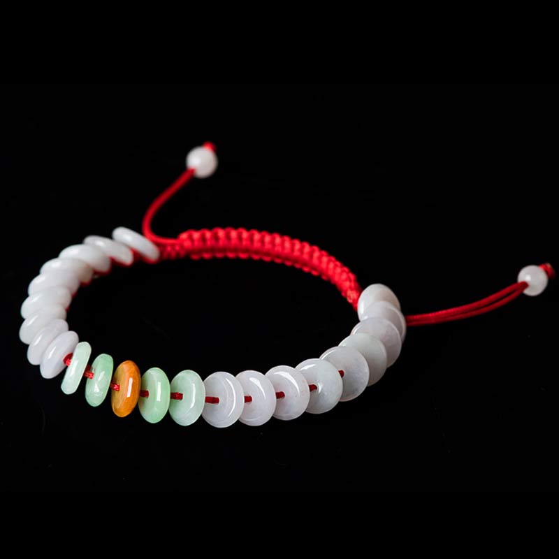 Pulsera tejida con hilo rojo de la suerte y jade redondo Mythstone